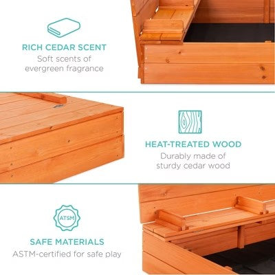 Best Choice Products 47x47-Inch Kids Wooden Outdoor Sandbox w/ 2 Foldable Bench Seats, Sand Protection, Liner - Brown - B14 - 1499