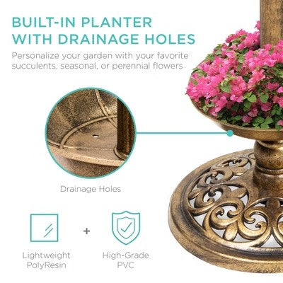 Best Choice Products Solar Lighted Pedestal Bird Bath w/ Planter, Integrated Panel - Bronze -A5-0484