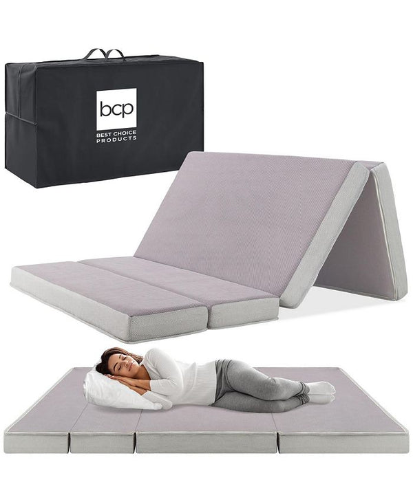 4in Thick Folding Portable Gray Mattress Topper w/ Carry Case, Washable Cover - Gray - Full M106