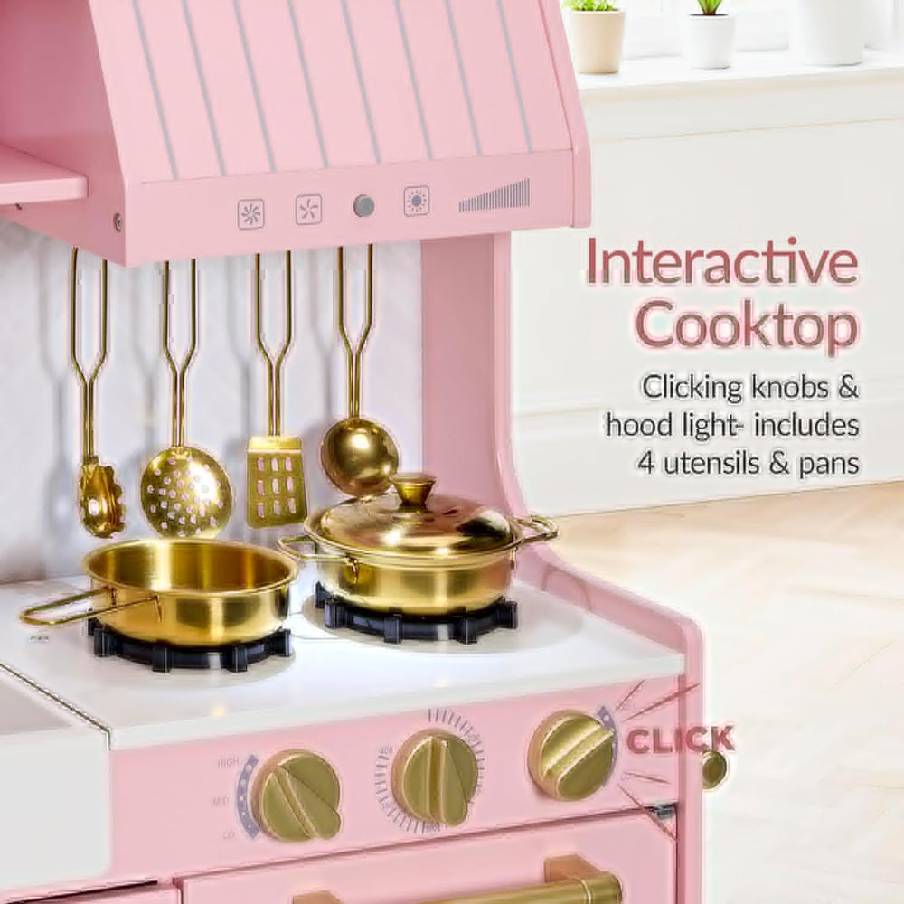 Best Choice Products Toddler Kitchen Playset with Pretend Play Espresso Machine, Interactive Wooden Kids Play Kitchen Equipped with Toy Storage and 17 Accessories - Pink - G8 - 1014