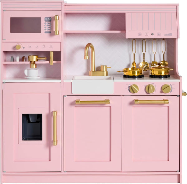 Best Choice Products Toddler Kitchen Playset with Pretend Play Espresso Machine, Interactive Wooden Kids Play Kitchen Equipped with Toy Storage and 17 Accessories - Pink - G8 - 1014
