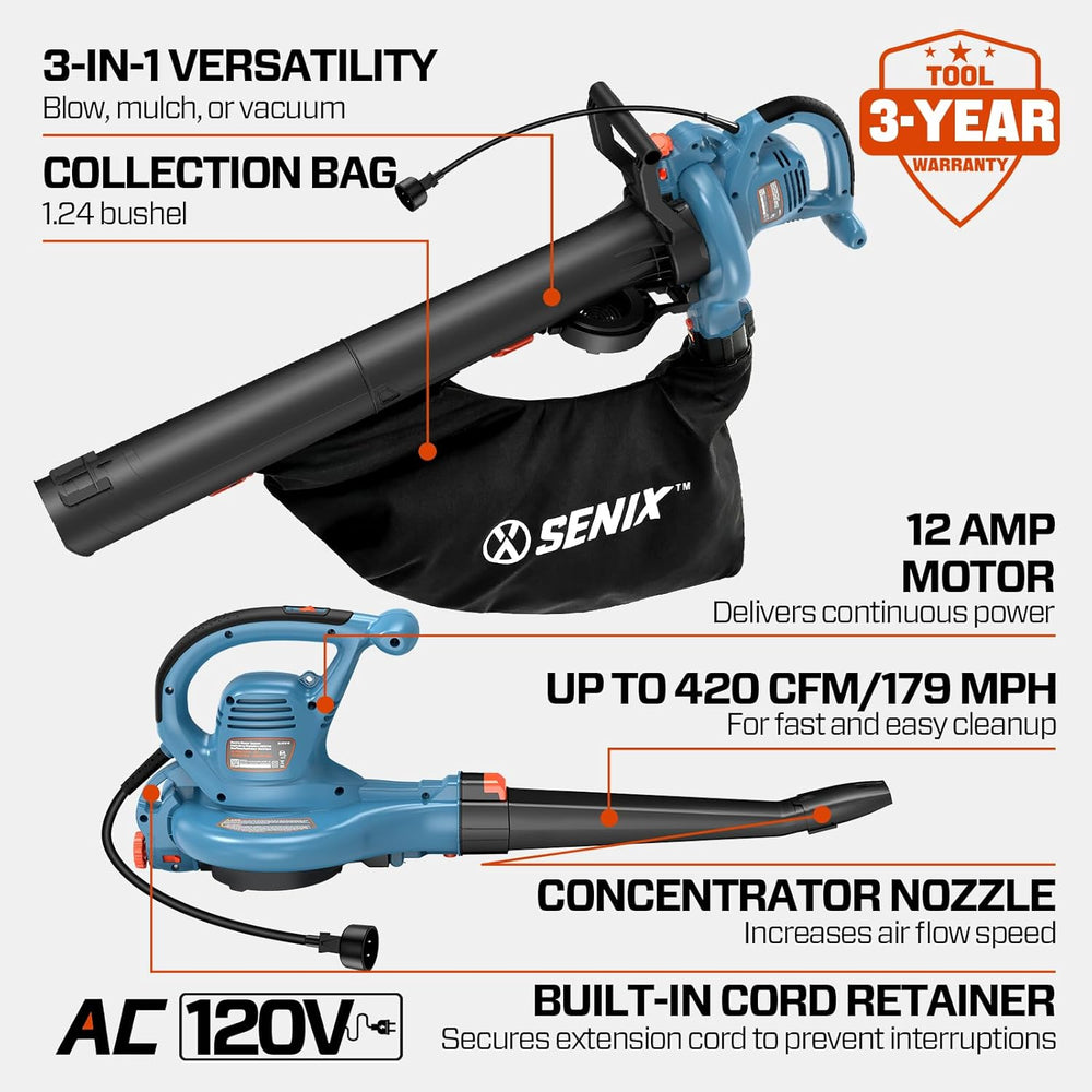 SENIX 12 AMP Leaf Blower, 3-in-1 Handheld Electric Leaf Blower, Vacuum, and Mulcher, 420 CFM, 179 MPH Airflow,Corded Blowers with Reusable Collection Bag (BLVE12-M) 1601