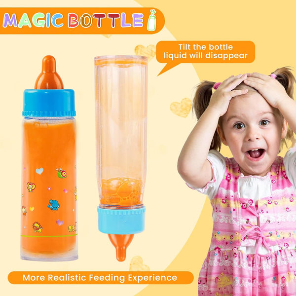 Baby Doll Bottle Accessories - 6 Pcs Feeding Bottle Toys, Magic Disappearing Milk & Juice, Pretend Play Set with Pacifiers Kids Gift Yellow 1337