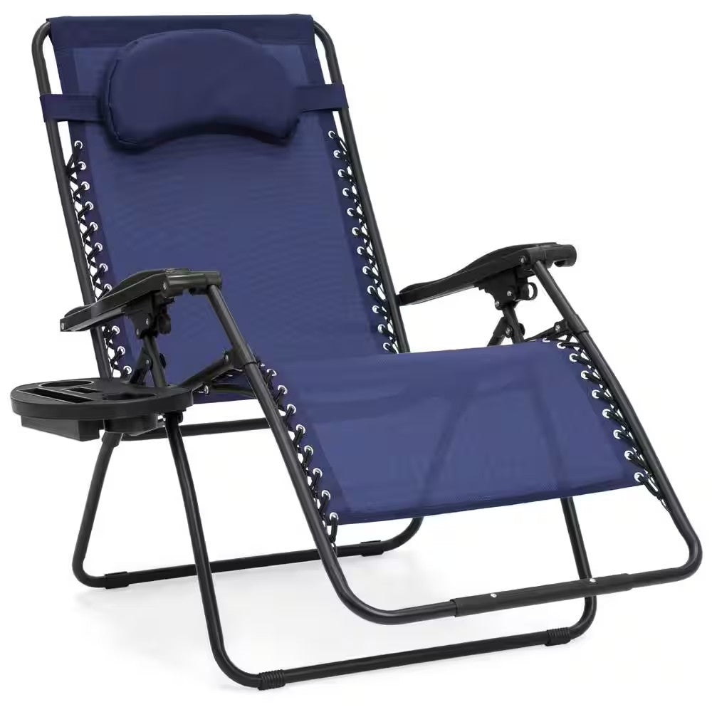 Oversized Zero Gravity Folding Reclining Navy Blue Fabric Outdoor Lawn Chair w/Cup Holder - 252