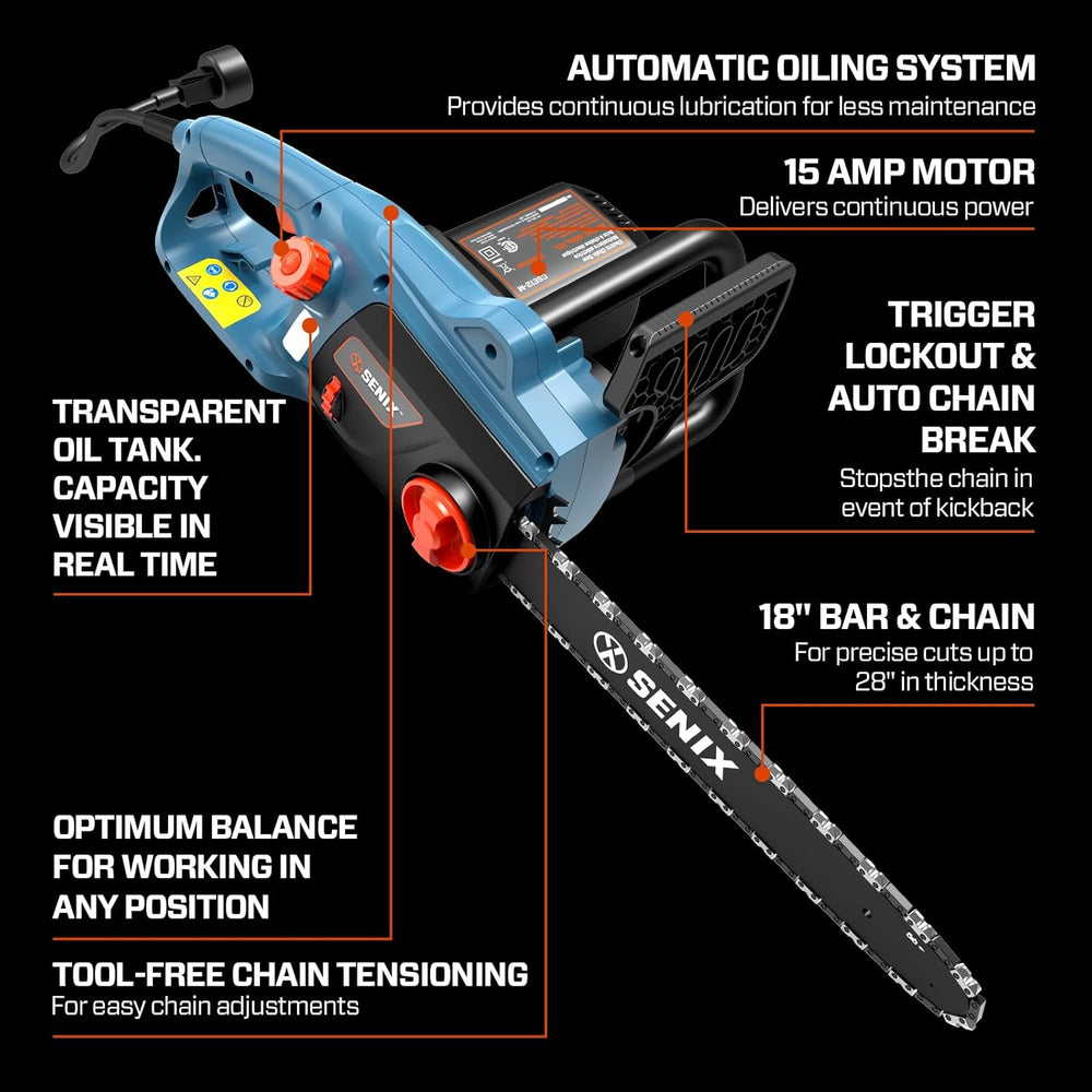SENIX Electric Chainsaw, 18" Corded Chainsaw,15 Amp Chain Saw for Wood Cutting, Tree Trimming, Garden Tool for Pruning, Branch Cutting, Yard, Fathers Day Gift for Men,Gardener, CSE15-M 1542