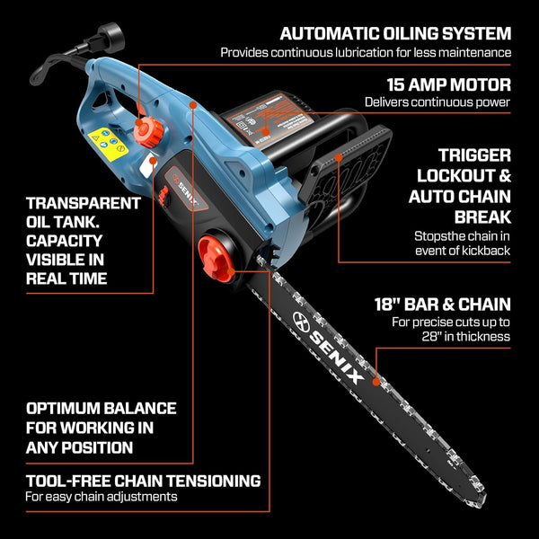 SENIX Electric Chainsaw, 18" Corded Chainsaw,15 Amp Chain Saw for Wood Cutting, Tree Trimming, Garden Tool for Pruning, Branch Cutting, Yard, Fathers Day Gift for Men,Gardener, CSE15-M 1557