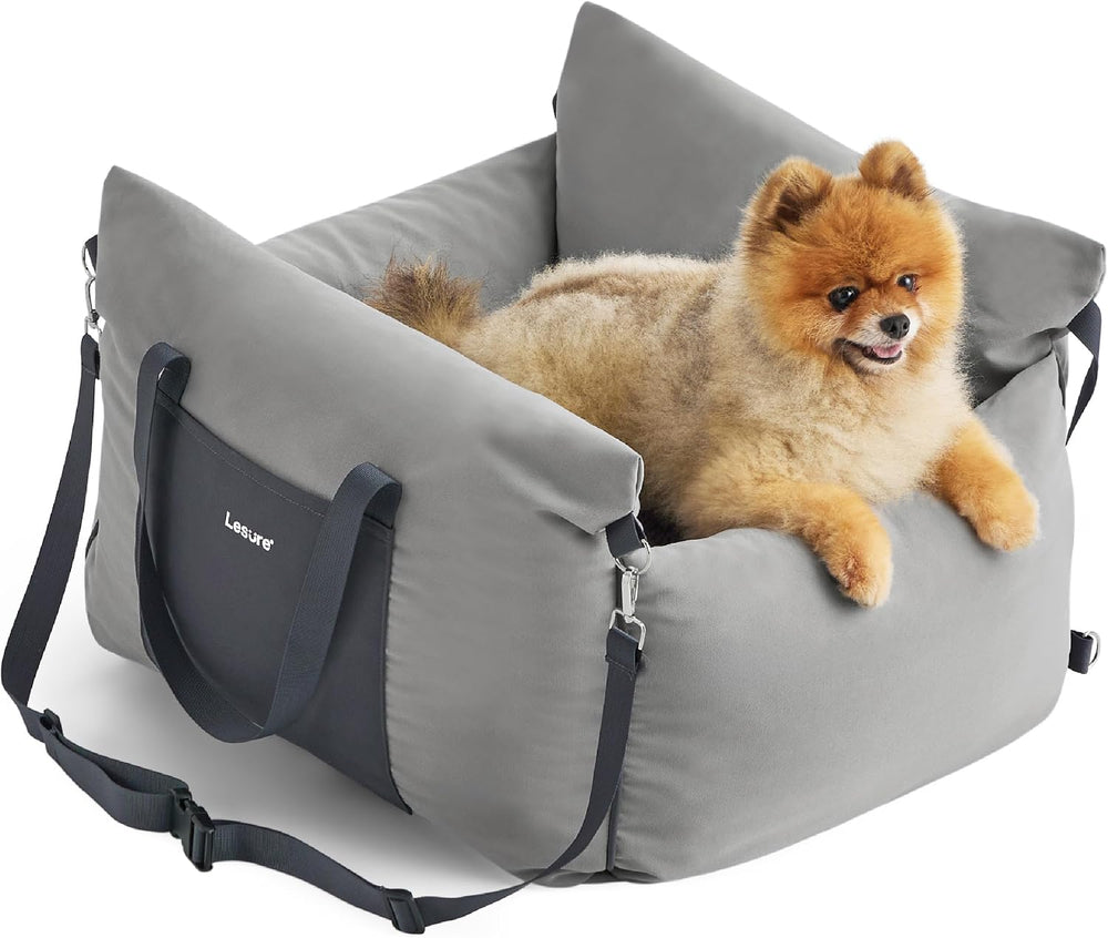 Lesure Small Dog Car Seat for Small Dogs - Soft Dog Booster Seat for Car with Storage Pocket and Clip-On Safety Leash and Thickened Memory Foam Filling, Pet Carseat Travel Carrier Bed, Grey - J12 - 628