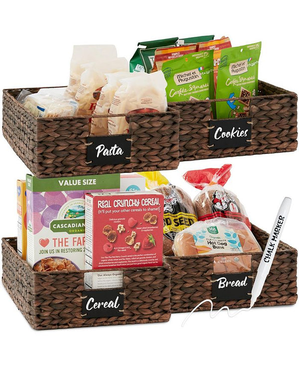 Best Choice Products Set of 4 16x12in Woven Water Hyacinth Pantry Baskets w/ Chalkboard Label, Chalk Marker - Brown - L151