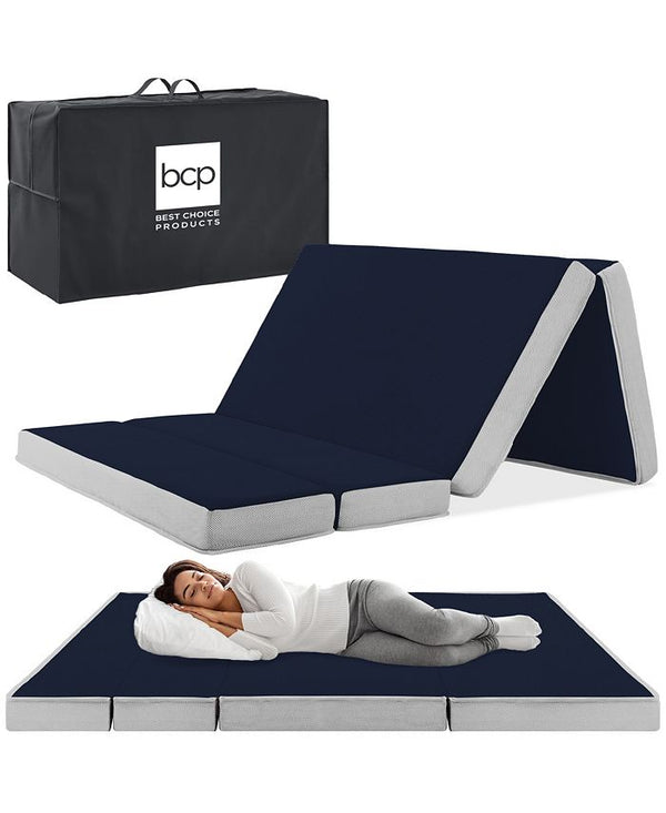 4in Thick Folding Portable Midnight Blue Mattress Topper w/ Carry Case, Washable Cover - Blue - Twin 1266