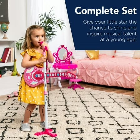 Best Choice Products 19in Kids Flash Guitar, Pretend Play Musical Instrument Toy for Toddlers w/ Mic, Stand - Pink -E4-1969