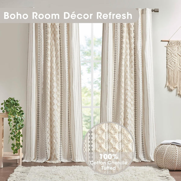 INK+IVY Imani 100% Cotton SINGLE PANEL Curtain Tufted Chenille Stripe Geometric Print Mid-Century Look Rod Pocket Top Drape for Living Room, Privacy Window Treatment for Bedroom, 50" W x 108" L, Ivory -A11-1285