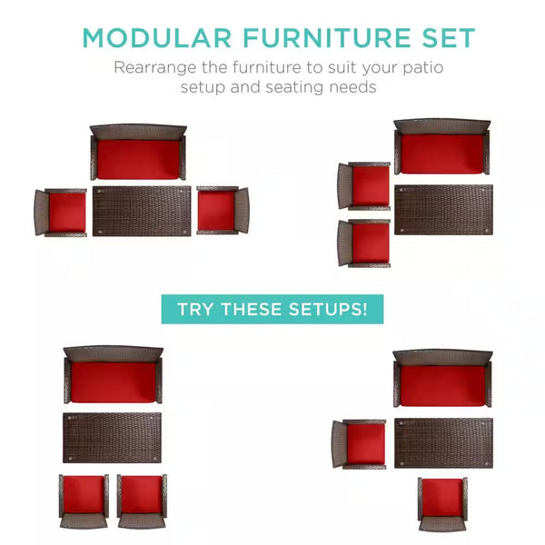 Brown 4-Piece Wicker Patio Conversation Set with Red Cushions, 4 Seats, Tempered Glass Table Top - D8 - 1466
