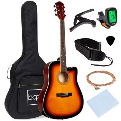 41in Full Size Beginner Acoustic Guitar Set with Case, Strap, Capo, Strings, Tuner - Sunburst 1668