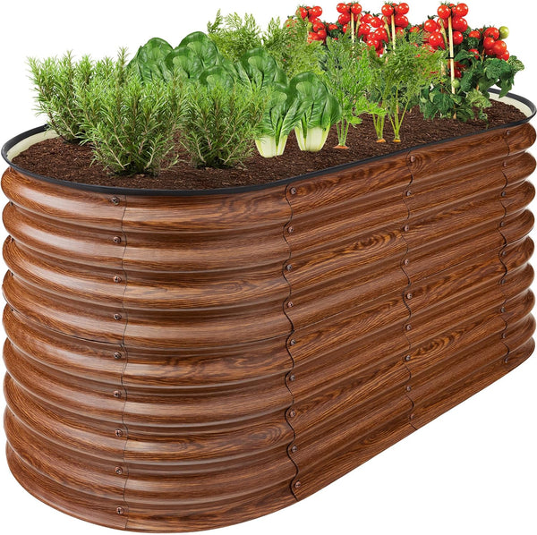 4x2x2ft Outdoor Metal Raised Garden Bed, Oval Deep Root Planter Box for Vegetables, Flowers, Herbs, and Succulents w/ 101 Gallon Capacity, Rubber Edge Guard - Wood Grain - M136