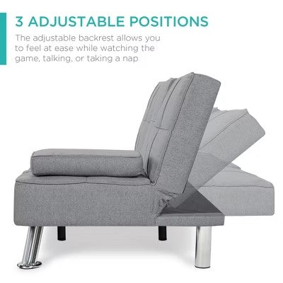 Best Choice Products Modern Linen Convertible Futon Sofa Bed w/ Removable Armrests, Metal Legs, Cupholders - Gray - H7 - 113