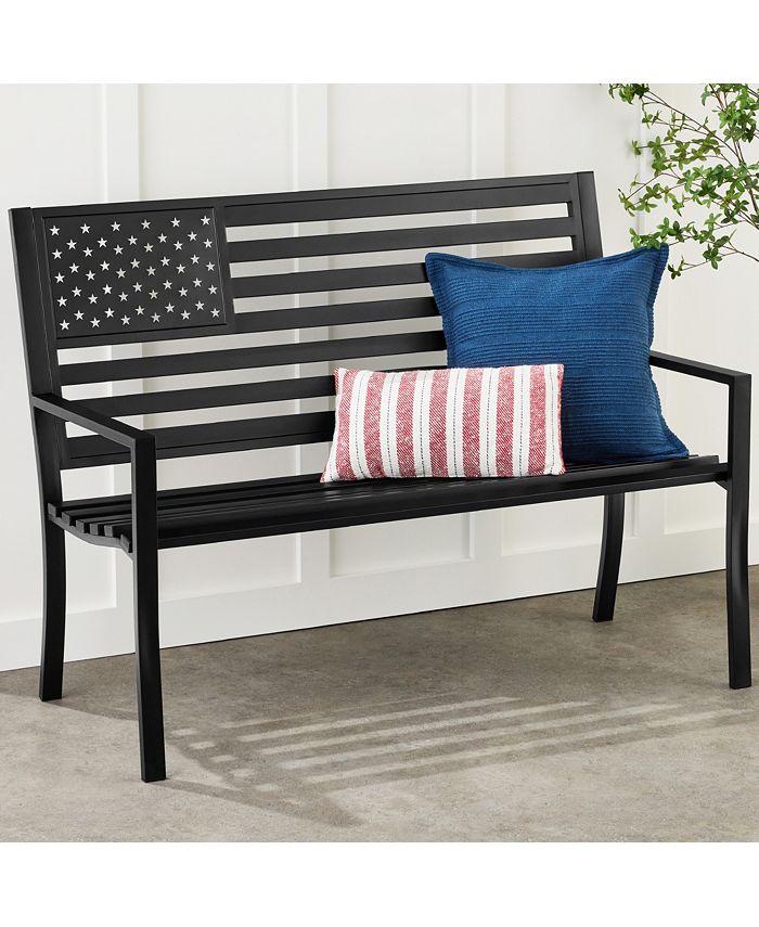 Indoor Outdoor Steel Garden Bench w/ American Flag Backrest, 790lb Capacity - Black - K87