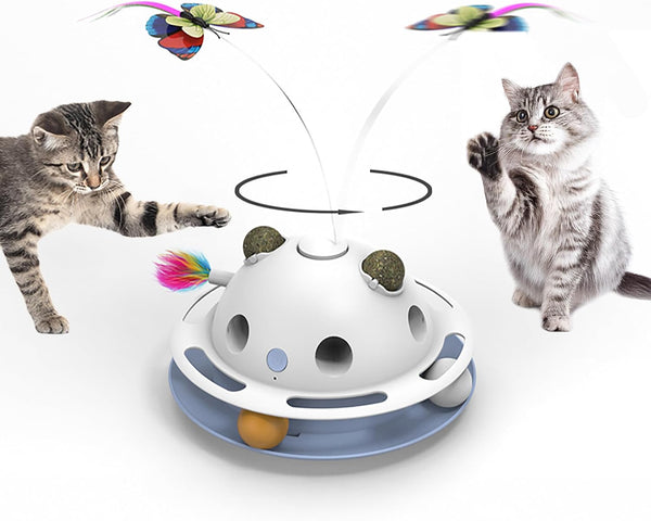 PAWSPIK Feather Frenzy 4-in-1 Interactive Cat Toy   Butterfly, Feather, Catnip Ball & Track Ball Play   Motion Activated, USB or Battery Powered   White -J10-0596