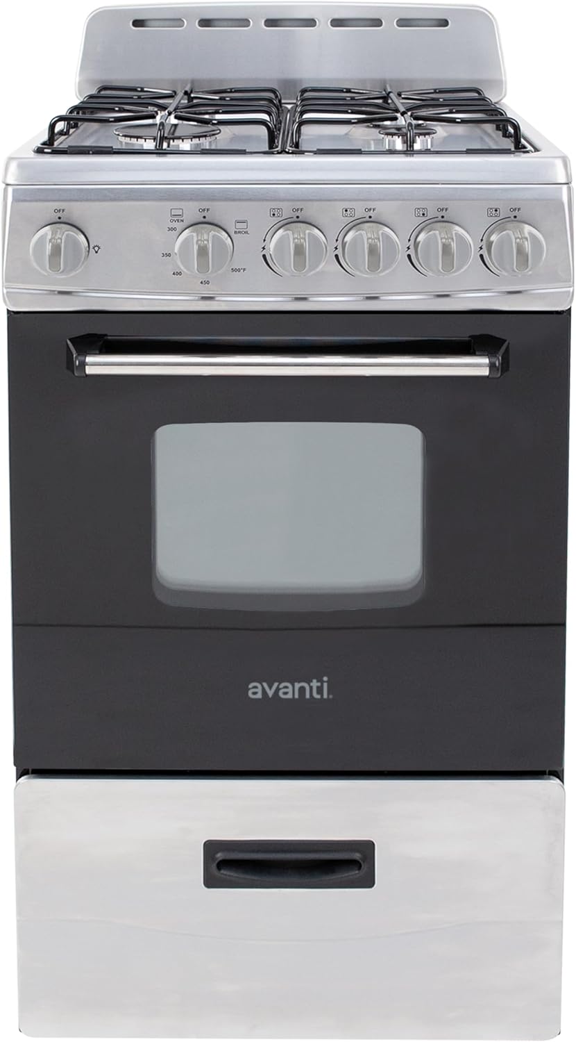 Avanti GR2013CSS Gas Range Oven Compact Freestanding Design, 4 Sealed Burners with Electronic Ignition, 2.1 Cu.Ft. Capacity Features Storage Drawer Broiler and Accessories, 20-Inch, Black 439