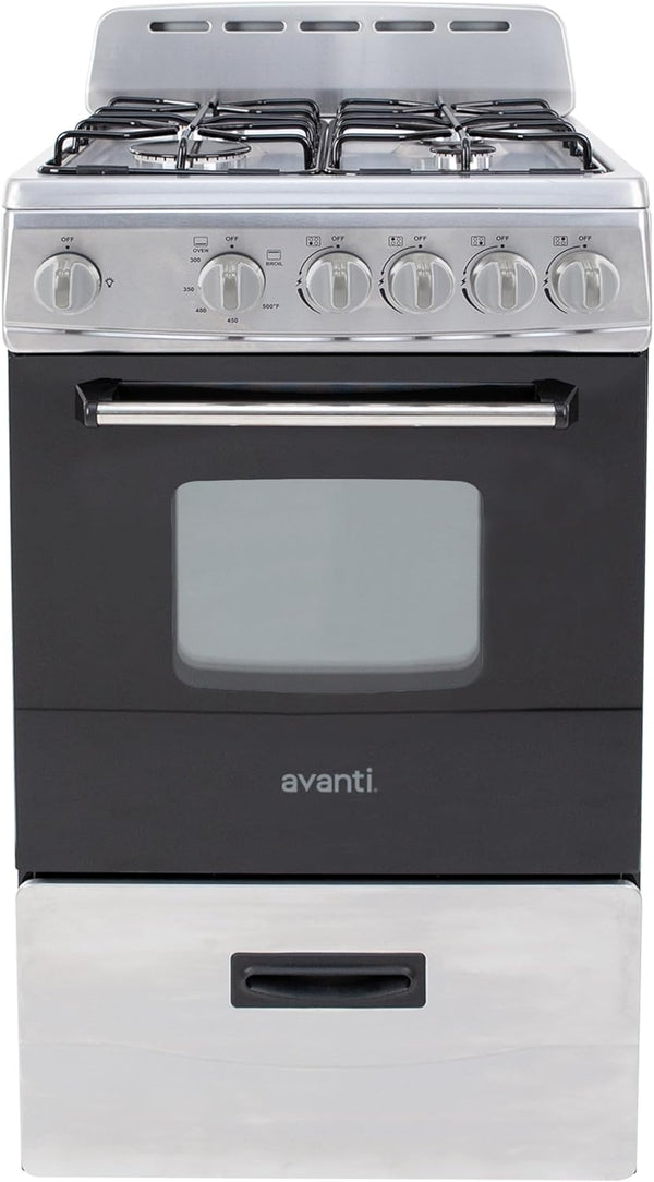 Avanti GR2013CSS Gas Range Oven Compact Freestanding Design, 4 Sealed Burners with Electronic Ignition, 2.1 Cu.Ft. Capacity Features Storage Drawer Broiler and Accessories, 20-Inch, Black 439