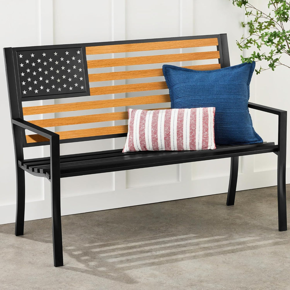 2-Person Steel Outdoor Bench w/ American Flag Back — Black/Wood — H47
