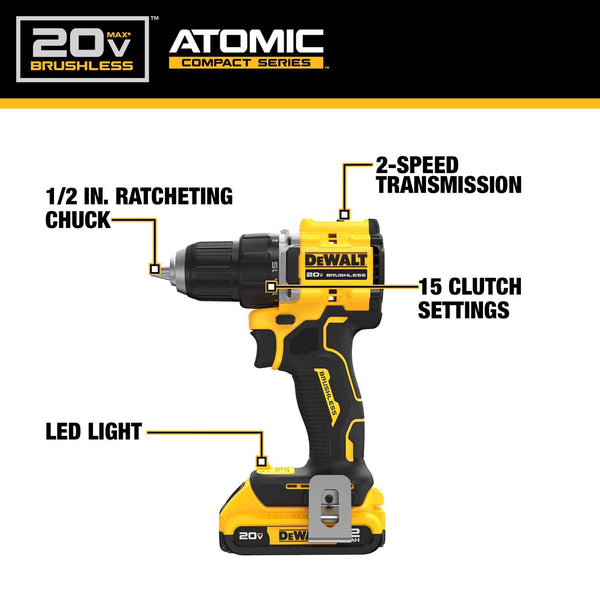 DeWalt 20V MAX ATOMIC 1/2 in. Brushless Cordless Drill/Driver Kit (Battery & Charger) 1857