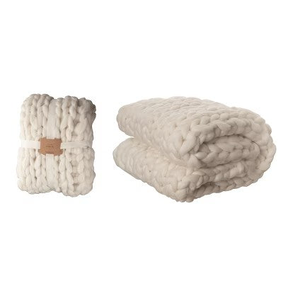 Transpac Polyester Creme Everyday Chunky Knitted Ivory Throw Blanket - G10 - 175