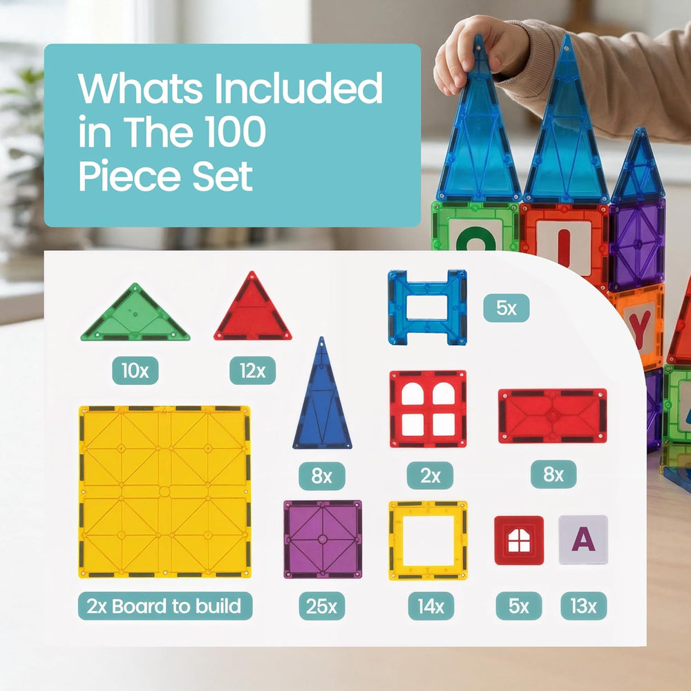 Playmags Magnetic Tiles for Kids 100-Piece Set, STEM Educational Building Blocks Toys for Kids, Includes Click-in ABC Learning Tiles, Gift for Boys & Girls, Add on Magnetic Figures, Car Set Available - K4 - 406