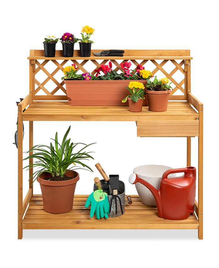 Best Choice Products Outdoor Wooden Garden Potting Bench, Workstation Table w/ Cabinet Drawer, Open Shelf - Brown - NO SIZE - L107