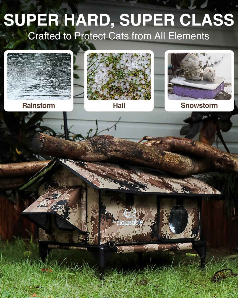 Indestructible Gable Roof Heated Cat House for Outside Winter, 100% Waterproof, Safe Escape Door, Insulated Outdoor Cat Shelter with Heater for Feral Barn Cat Kitty (Desert Camouflage, 24"x16"x19") - J12 - 642