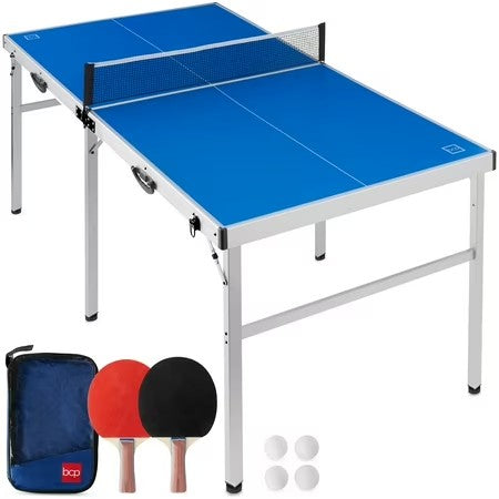 6x3ft Portable Ping Pong Table Game Set, Folding Table Tennis w/ 2 Paddles, Balls - Blue - K23
