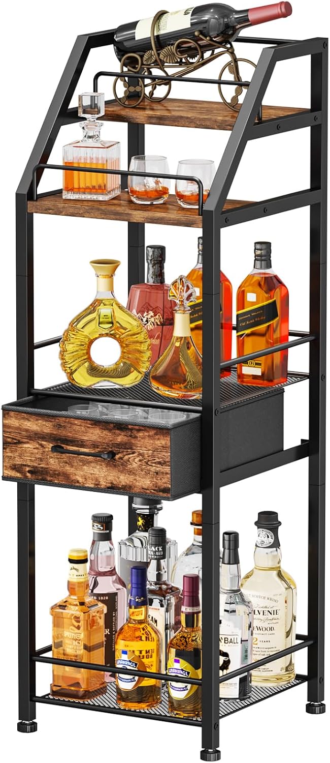4-Tier Floor Wine & Glass Rack w/ Fabric Drawer — H91