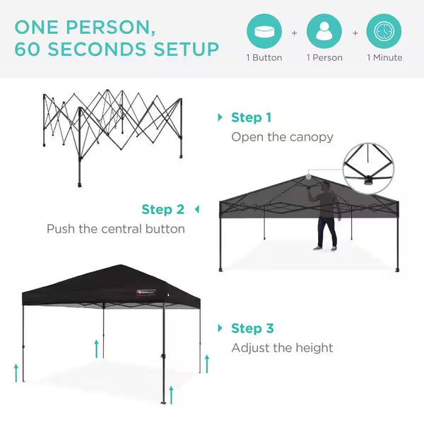 8 ft. X 8 ft. Black Pop Up Canopy with 1-Button Setup, Wheeled Case, 4-Weight Bags -M4-1555