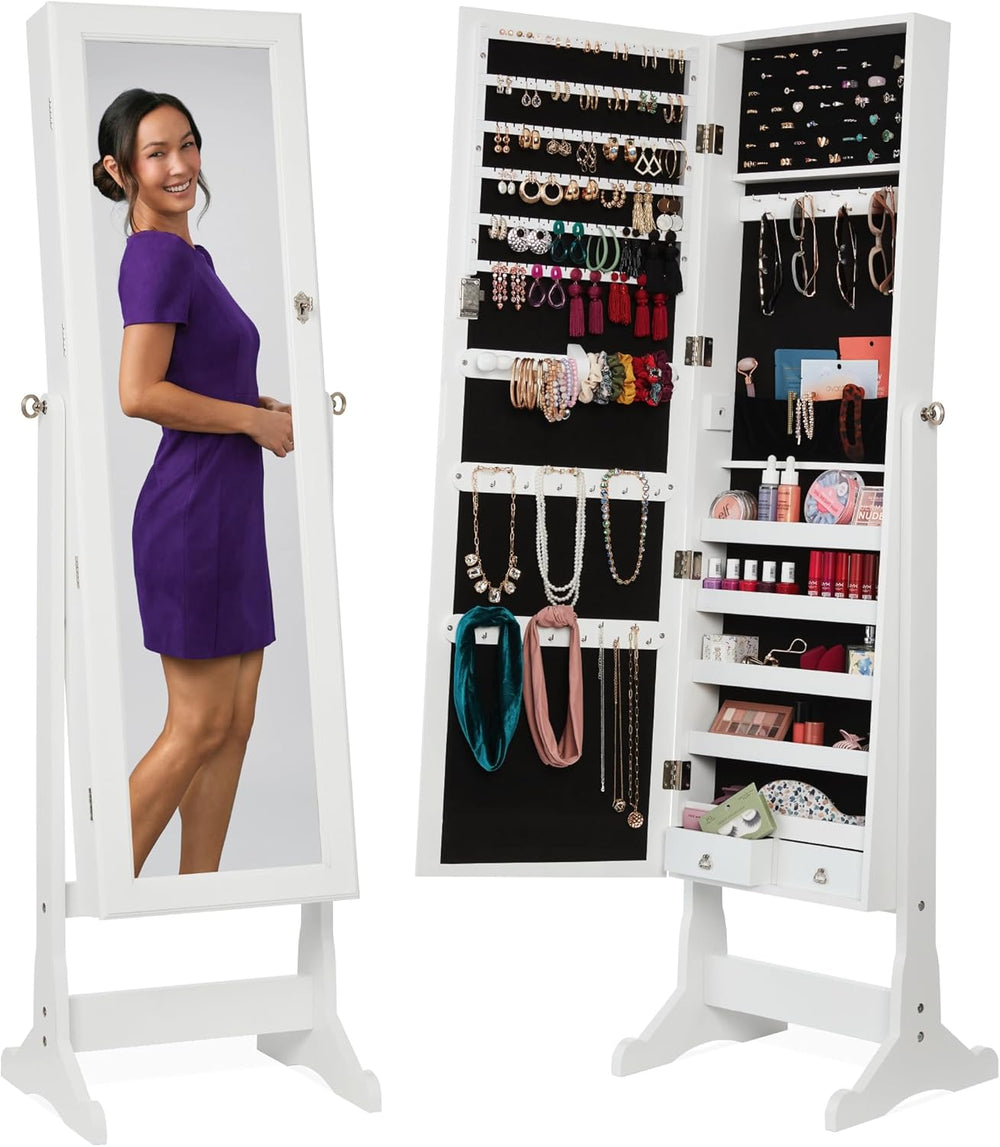 Freestanding Jewelry Armoire Cabinet w/ Mirror, Lock, Shelves — White — H7