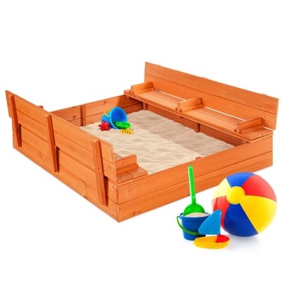 Best Choice Products 47x47-Inch Kids Wooden Outdoor Sandbox w/ 2 Foldable Bench Seats, Sand Protection, Liner - Brown - B14 - 1499
