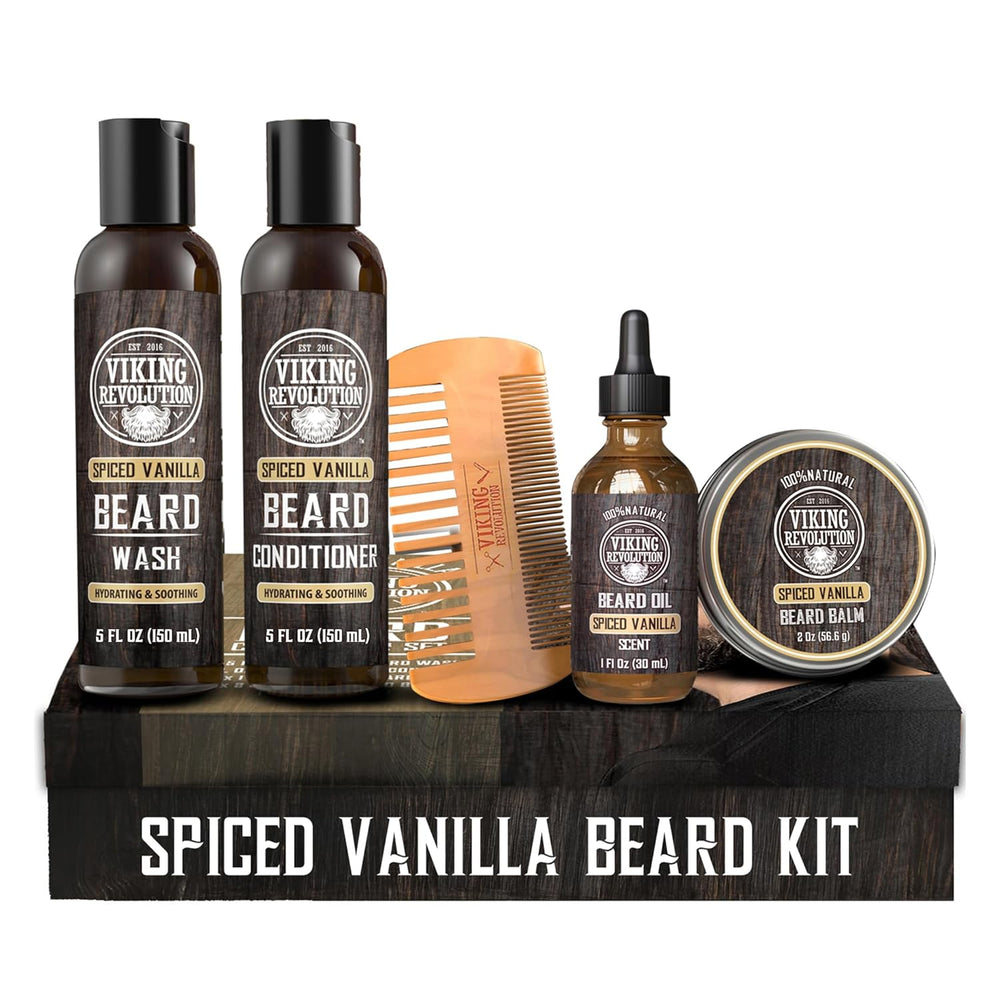 Viking Revolution Ultimate Conditioner for Men's Beard Grooming - Softens, Smoothes and Soothes - Contains Beard Wash and Conditioner (5oz Set), Beard Oil, Balm and Wooden Comb - Spiced Vanilla Scent 1341