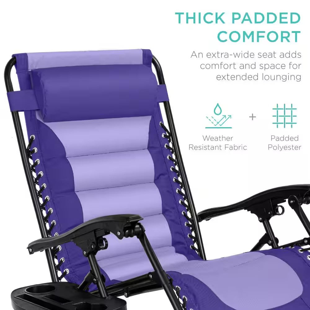 Oversized Padded Zero Gravity Purple/Violet Metal Reclining Outdoor Lawn Chair w/Side Tray -M1-1365