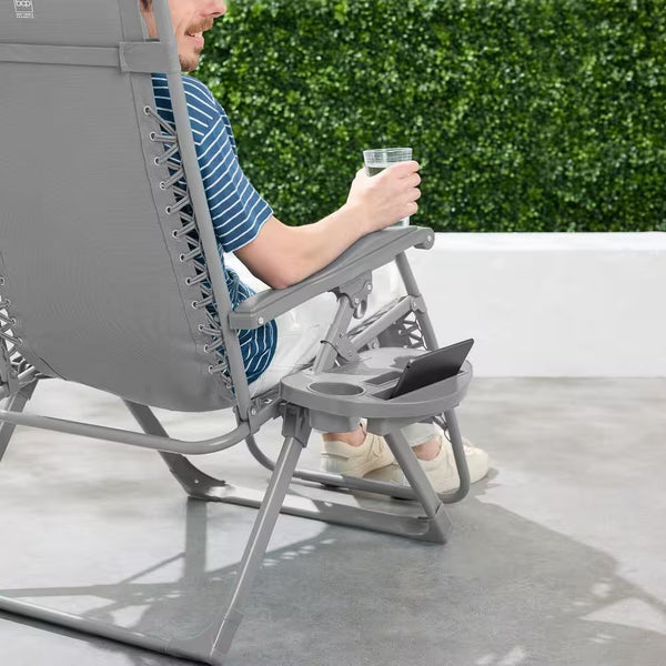 Dove Gray Metal Zero Gravity Folding Beach Chair and Patio Recliner with Side Tray and Headrest -M1-1360