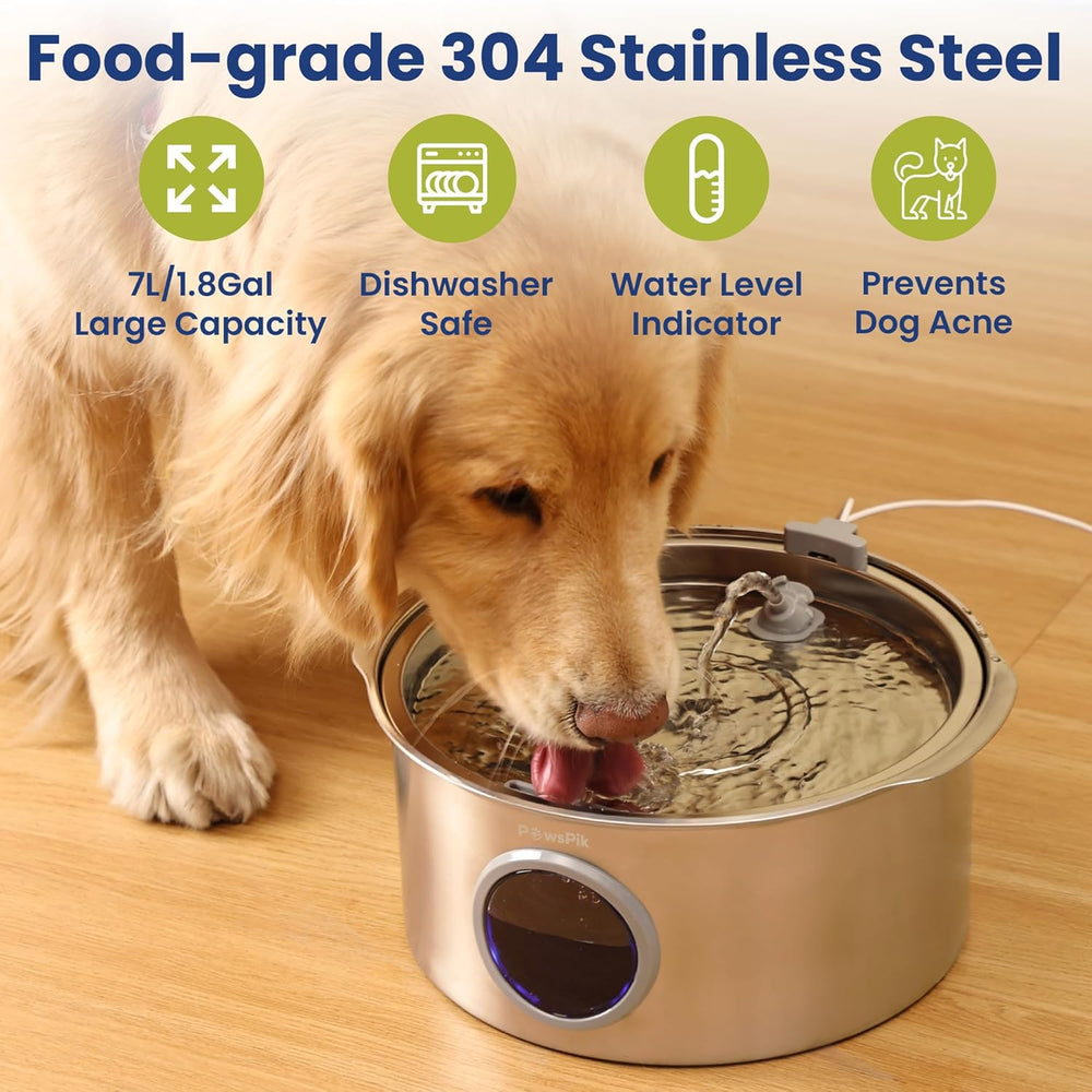 PawsPik Ultra-Quiet Stainless Steel Dog Water Fountain, 1.8-gal -K10-1673