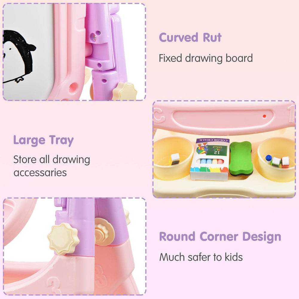 Kids Art Easel, Adjustable Drawing Whiteboard & Chalk Board, Double Sided Toddler Easel with Painting Accessories, Birthday Gift Toy for Little Girls Boy Age 2 3 4 5 (Pink) 1329