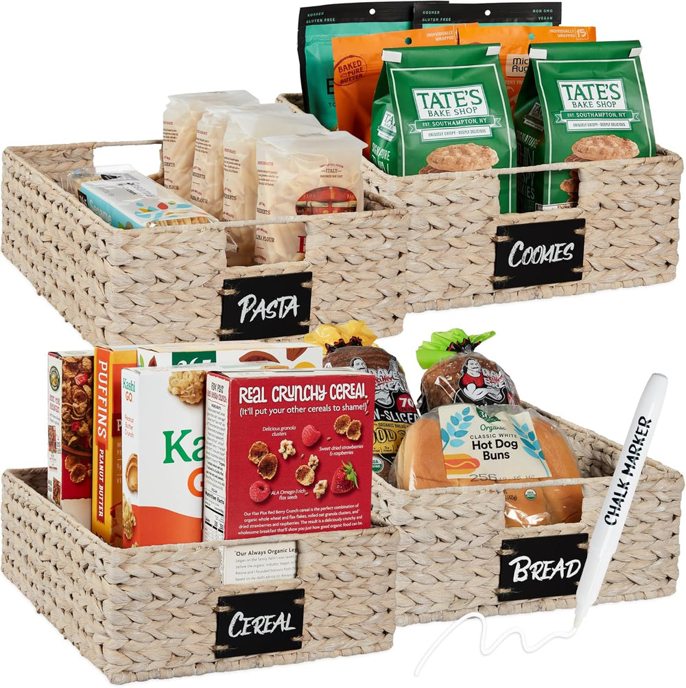 Set of 4 Large Water Hyacinth Pantry Baskets w/ Labels — White — H83