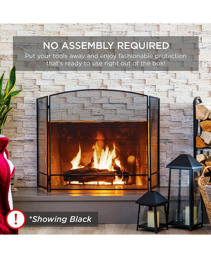 Best Choice Products 47.5x27.25in 3-Panel Steel Mesh Fireplace Screen, Spark Guard w/ Rustic Worn Finish - Black - NO SIZE - H3 - 1605