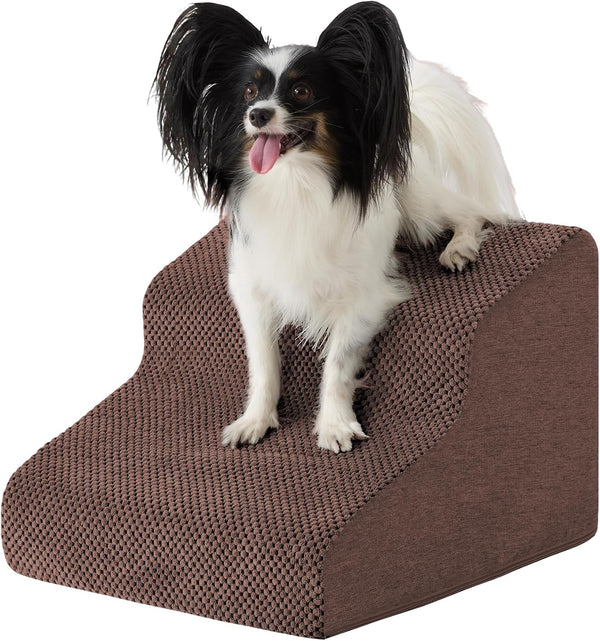 Dog Stairs for Small Dogs 11.5  H, 2-Step Dog Steps for Bed, Pet Stairs and Ramp for Dogs and Cats to Get on Beds, Couch, Non-Slip Balanced Pet Steps with Waterproof Cover, Brown - J3 - 1985