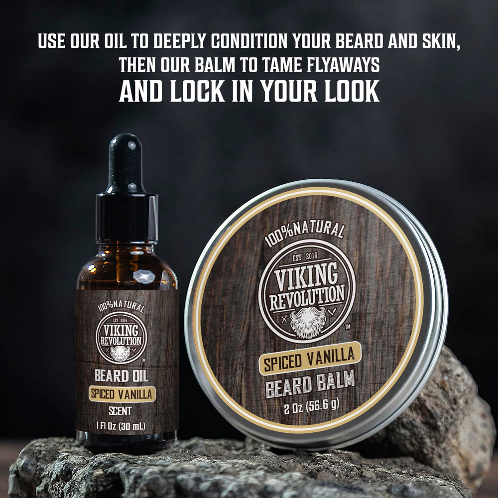 Viking Revolution Ultimate Conditioner for Men's Beard Grooming - Softens, Smoothes and Soothes - Contains Beard Wash and Conditioner (5oz Set), Beard Oil, Balm and Wooden Comb - Spiced Vanilla Scent 1341