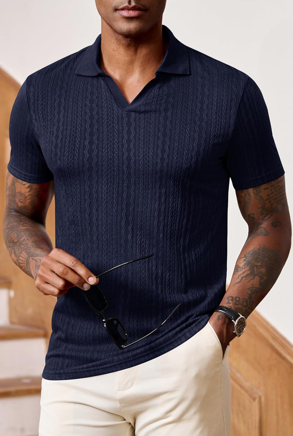Men Johnny Collar Textured Polo Shirt Cable Knit Stretch Casual Shirts XL - 1902