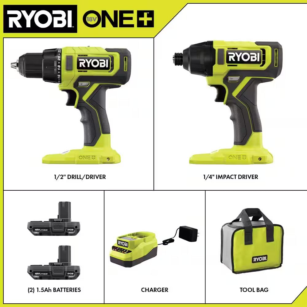 RYOBI ONE+ 18V Cordless 2-Tool Combo Kit with Drill/Driver, Impact Driver, (2) 1.5 Ah Batteries, and Charger 1682