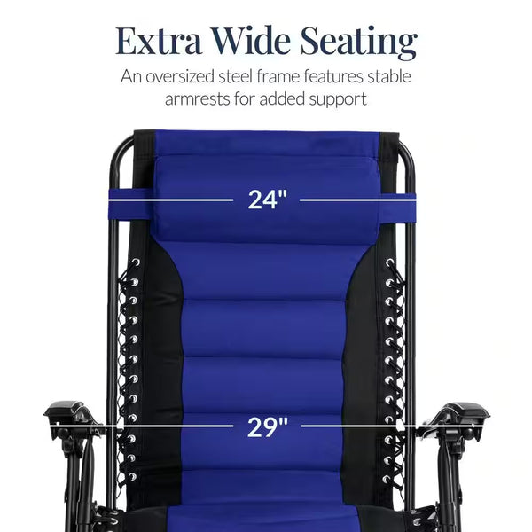 Oversized Padded Zero Gravity Blue Metal Reclining Outdoor Lawn Chair w/Side Tray - H3 - 1613