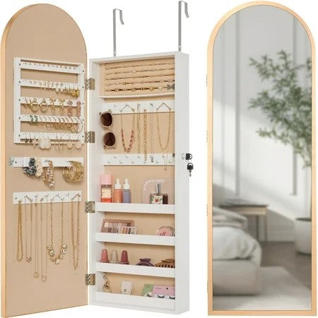 Best Choice Products Door/Wall Mounted Arch Mirror Jewelry Armoire, w/ Metal Frame, Lockable Door - Gold - L117