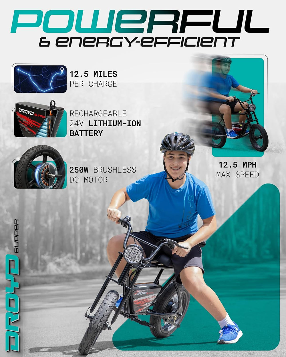 Tested Working - NO CHARGER - Droyd Blipper Electric Bike for Kids 13+, 250W Electric Mini Bike, 24V Lithium-Ion Battery w/Max Speed 12.5 Mph, Up to 12.5 Miles Range, Safe E Bike with Rear Drum Brake, 16" Tires and LED Headlight - G14