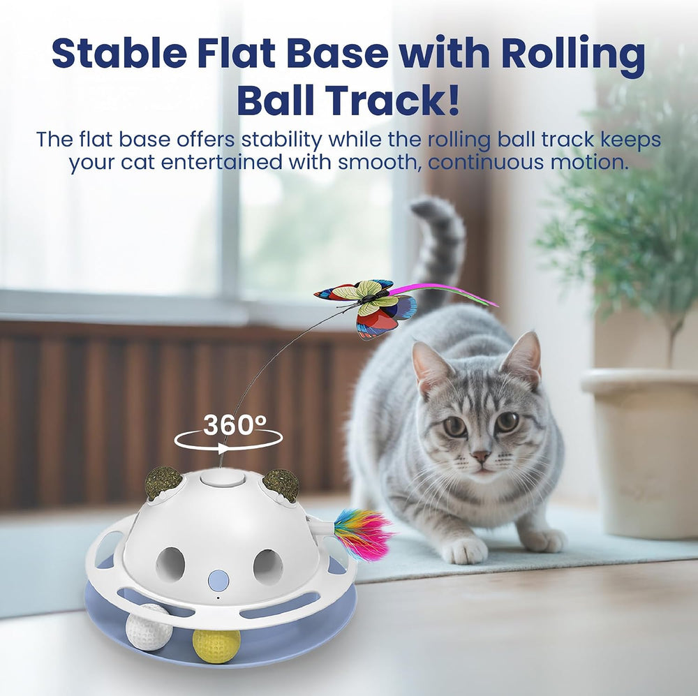 PAWSPIK Feather Frenzy 4-in-1 Interactive Cat Toy   Butterfly, Feather, Catnip Ball & Track Ball Play   Motion Activated, USB or Battery Powered   White -J10-0596