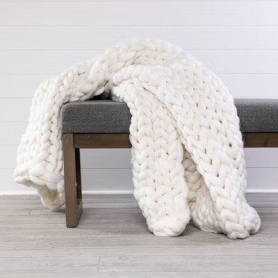 Transpac Polyester Creme Everyday Chunky Knitted Ivory Throw Blanket - G10 - 176